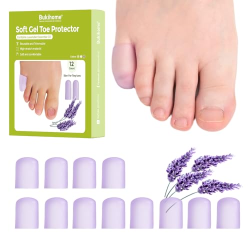 Image of Bukihome Silicone Toe Protectors - 12 Pack Gel Toe Sleeves Toe Protectors - Toe Caps Toe Cushions for Pain Relief, Toe Protection for Corns, Calluses (Lavender, Pinky)