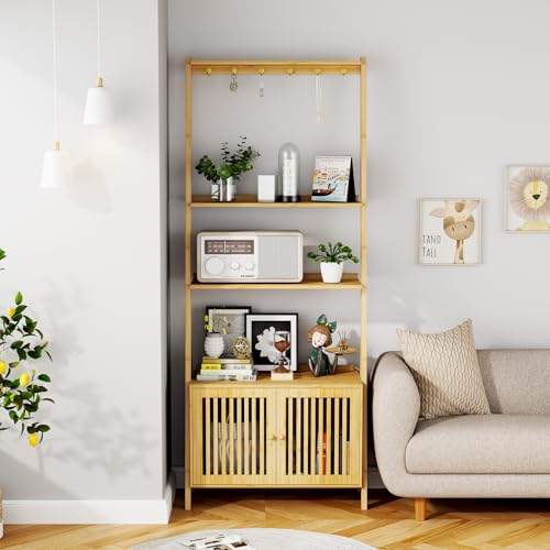 Image of Bookcase with Drawers, 4-Tier Bamboo Bookshelf Ladder Shelf with 6 Hooks, Tall Narrow Book Shelf, 24.8 inchL x 10.6 inchW x 59.5 inchH, Standing Storage Organizer for Living Room, Home Office, Bedroom, Bathroom