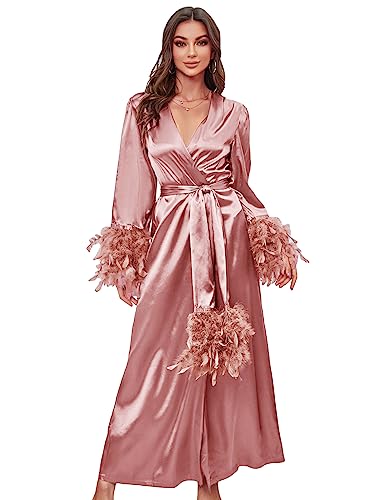 Oyoangle Women's Fuzzy Trim Long Sleeve Belted Satin Sleep Robe Wedding Day Bride Robes Pink S #TOP15