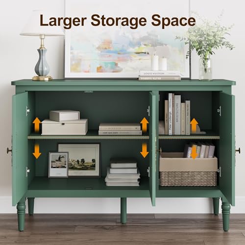 Image of FansaFurn 3-Door Buffet Cabinet with Adjustable Shelves, Accent Sideboard Cabinet with Turned Legs, Wood Pantry Cabinet, Mid-Century Storage Cabinet for Entryway, Living Room, Dining Room, Green