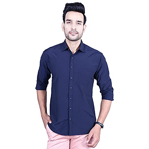 Image of Men's Cotton Solid Slim Fit Casual Spread Collar Shirt