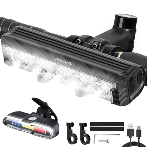 Ancorfy 5 LED 2500 Lumen Super Bright Bike Lights for Night Riding, 5 Modes Bicycle Headlight, Rechargeable and Waterproof Bike Headlight and Tail Light Set for MTB Off-Road Cycling Commuting