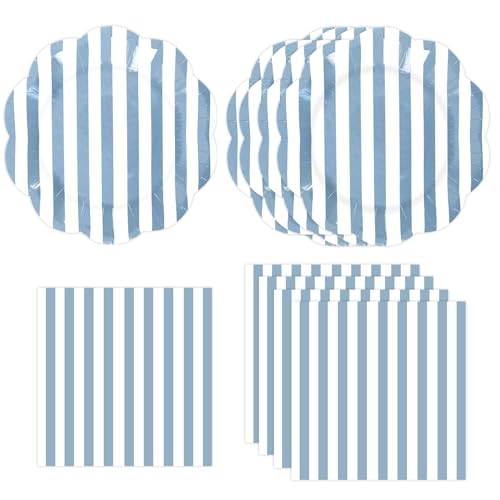 50PCS Blue Striped Paper Plates and Napkins Party Supplies, Blue and White Scalloped Party Plates and Napkins Tableware Set for Birthday Bridal & Baby Shower Wedding Party Decoration