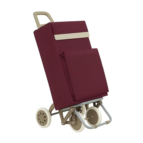 Weida Carro De La Compra 4 Ruedas Bolsillo Exterior Térmico, Mango Ergonómico Y Bolsa Impermeable Ideal Para Congelados Chasis Con Apoyo Delantero Y Base Abatible 1, Rojo Granate