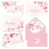 FYSUIMU 32 Packs Cherry Blossom Thank You Cards Watercolor Pink Flower Greeting Cards Floral Blank Note Cards with Envelopes and Stickers for Wedding Holiday Baby Shower, 4 x 6 Inch