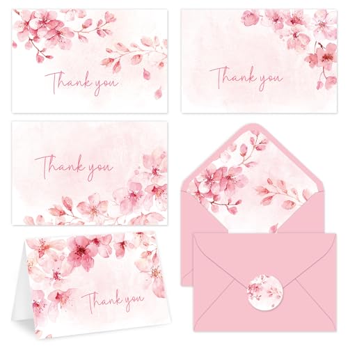 FYSUIMU 32 Packs Cherry Blossom Thank You Cards Watercolor Pink Flower Greeting Cards Floral Blank Note Cards with Envelopes and Stickers for Wedding Holiday Baby Shower, 4 x 6 Inch