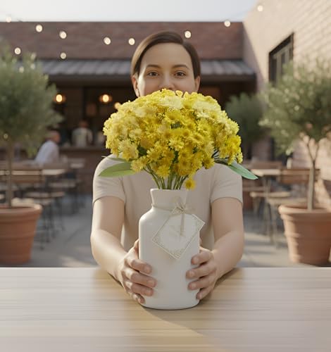 Image of Artificial Baby Breath Yellow Flower Bouquet - 12 Stems, 28cm Height Faux Daisy Bunch with Green Leaves for Home, Office, Wedding & Party Decoration