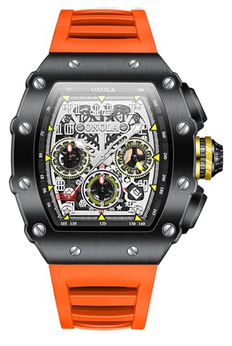 Gosasa Fashion Hollowed Men Tonneau Skeleton Quartz Watch 50M Waterproof | Fashion Business Sport Analog Male Wristwatch,50M Water Resistance ,Soft Silicone Strap,Chronograph Style,Luminous Hands