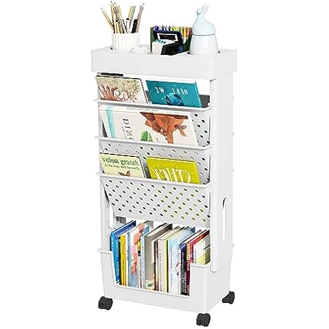 yeavs 5-Tier Mobile Bookshelf, Rolling Bookcase Book Storage Rack, Movable File Folder Organizer Cart with Wheels for Home Study Office Living Room Classroom, White Cover