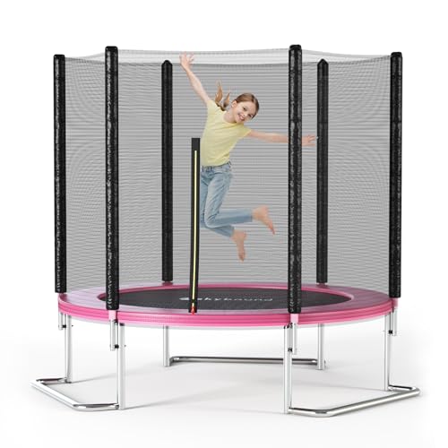 8FT Outdoor Trampoline with Net Enclosure - 8 FT Recreational Backyard Trampolines for Kids and Adults, ASTM Approved L-Shaped Legs for Extra Stability Outdoor Trampoline (Pink)