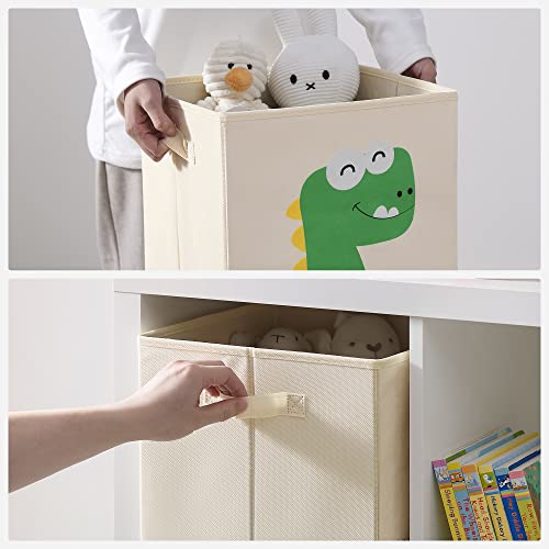SONGMICS Aufbewahrungsbox, 3er Set, Aufbewahrungskorb, Spielzeugaufbewahrung, Stoffboxen, 30 x 30 x 30 cm, faltbar, mit Griffen, Schlafzimmer, Spielzimmer, Dinosaurier-Motive, beige RFB704W03