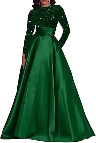 EBAKUS A-line Emerald Green Prom Dresses with Pockets Long Sleeves Long Satin Plus Size Formal Gowns with Sequins 16