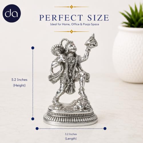 Image of 999 Silver Plated Hanuman ji Idol with Sanjeevani Mountain - 5.2 Inch | Bajrangbali Murti for Home Pooja Room, A Home Decor Lord Hanuman ji Idol Gift
