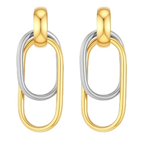 Gold Silver Drop Dangle Earrings for Women Trendy Gold Plated Two Tone Earrings for Women Statement Paperclip Hoop Earrings Fashion Accessories Jewelry Gifts (Two Tone)