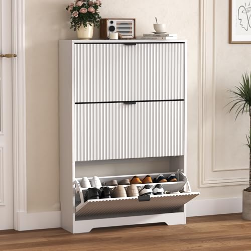 Image of HUANLEGO Shoe Cabinet Storage for Entryway with 3 Flip Drawers, White Fluted Shoe Cabinet with Adjustable Shelves, Wooden Hidden Shoe Rack Freestanding Narrow Slim Shoes Storage for Hallway, Entrance