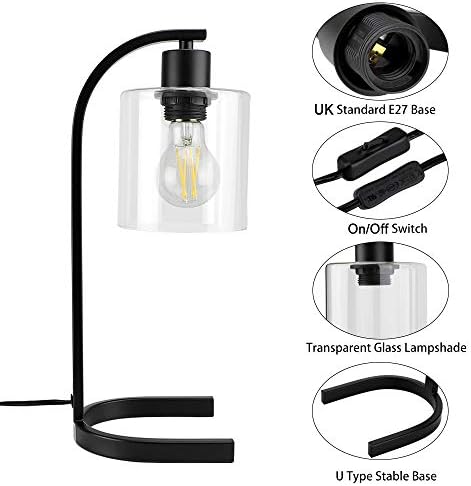 Retro Iron Desk Lamp with Clear Glass Shade, Industrial Nightstand Bedside lamp with 4W E27 Bulb Base, LED Table Lamp for Bedroom, Living Room Modern,Office, Kids(Bulb Included)