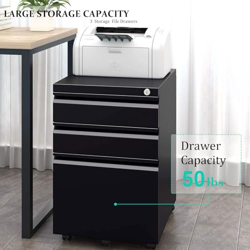 GOOGIC 3-Drawer Mobile File Cabinets Rolling Metal Filing Cabinet for Legal & Letter File Anti-tilt Design with Lock Under Desk Office Drawers Fully Assembled Except Casters Black