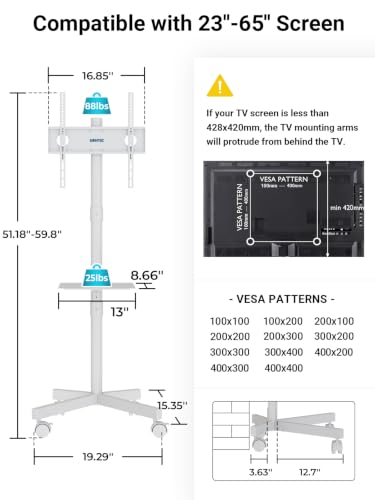 Image of Mobile TV Cart for 23-60 Inch LED LCD Flat Curved Screens TVs, Rolling TV Stand with Locking Wheels Holds Up to 88lbs, Height Adjustable Portable Floor Stand with Media Shelf Tray, Max VESA 400x400mm