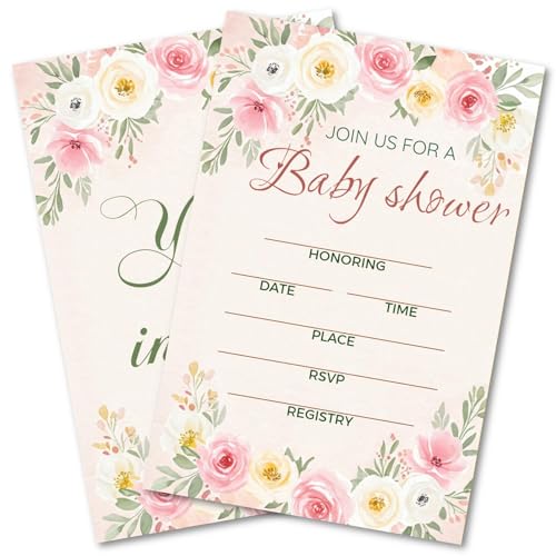 WENFLY Wildflowers Baby Shower Invitations, Pink Floral Invites with Envelopes, Gender Reveal, Baby In Bloom Sprinkle, 25 Pcs 4x6 Inch