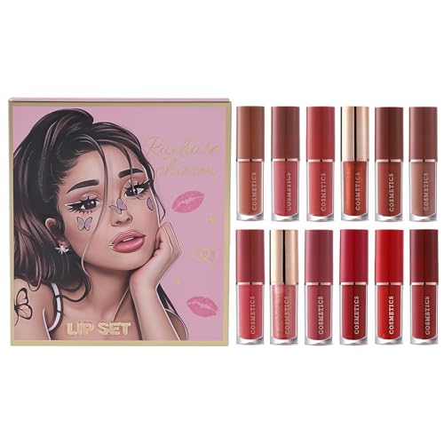 Eoixuqba Set de Labial Mate Aterciopelado | 12 Piezas Kit De Maquillaje De Labios Resistente Al Agua - Set de Labial Mate y Brillo | Para Viajes Escenario Citas Reuniones