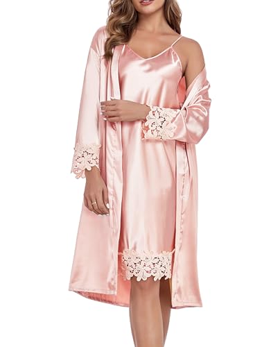 VintageClothing Women's Silk Robe Set with Nightgown 2 Pieces Lace Pajamas Sets Sexy Satin Robe with V Neck Camisole Lingerie, L