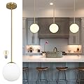 Bagood 6" Globe Pendant Light Gold Mid Century Pendant Light Globe Pendant Lights Kitchen Island Brushed Brass Finished with Milk Glass Lampshade Adjustable Ceiling Light Fixtures for Kitchen