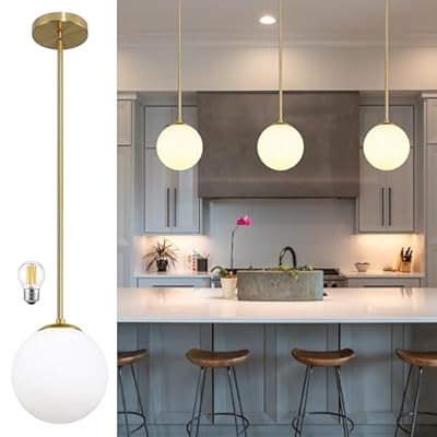 Bagood 6" Globe Pendant Light Gold Mid Century Pendant Light Globe Pendant Lights Kitchen Island Brushed Brass Finished with Milk Glass Lampshade Adjustable Ceiling Light Fixtures for Kitchen