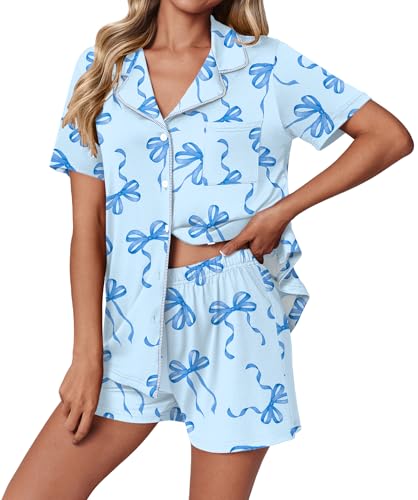 Image of Ekouaer Pajamas Set for Women 2 Piece Pjs Short Sleeve Sleepwear Button Down Lounge Shorts Sets S-XXL