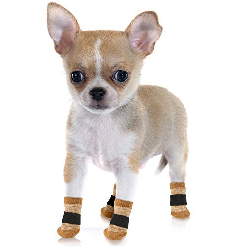Frienda 8 Pieces Anti-Slip Dog Socks Non Skid Knit Dogs Socks Rubber Sole Traction Control Pet Paw Protectors for Pet Indoor Wear with 78 Inch Hook and Loop