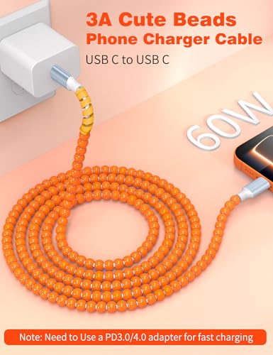Image of USB C to USB C Cable 6FT,60W Fast Charging Beaded Charger Cord for iPhone 17 16 15 Pro Max /iPad Air 11th 10 for Samsung S26 S25 S24 Ultra S23 A16 A17 /Android Phone Charger Cord Cute Girl Women,Orange