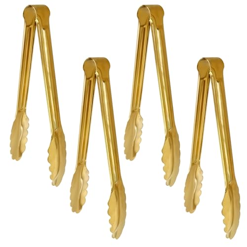 4 Pack 9 Inch Serving Tongs Gold Stainless Steel Kitchen Tongs,Non-Slip & Easy Grip Buffet Tongs, Gold Food Tongs for Salad, Ice, Cooking, Bread, Fruit,Barbecue