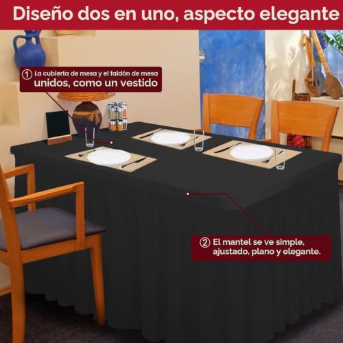 Miniatura 2 de Rinpon Falda De Mesa Y Mantel De Spandex De 2 En 1 De Espesor, 6 Pies 4 Pies, Mantel Rectangular Con Falda Plisada, Manteles Rectangulares Sin Arrugas Para Banquetes Negro, 183 X 76 X 74 Cm
