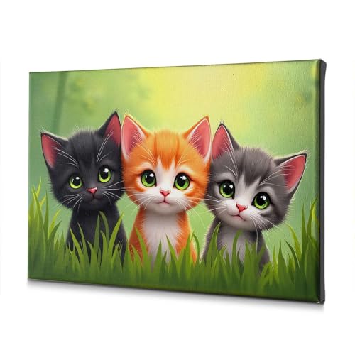 Toile décorative pour salle de bain trois chatons mignons herbe verte 40 x 60 cm
