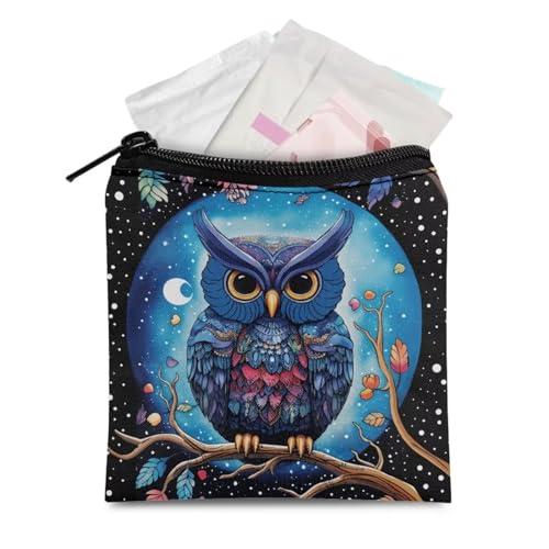 HUGS IDEA Blue Owl Period Bags Portable Reusable Sanitary Napkin Storage Bag for Women Teen Girls Period Pouch for School, Office,Mini Feminine Hygiene Bag First Period Kit