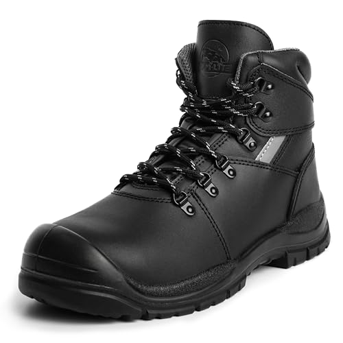 Steel Toe Work Boots for Men – Waterproof Leather, Slip Resistant, Shock Absorbing, Breathable Safety Boots for Construction, Industrial, Warehouse Use