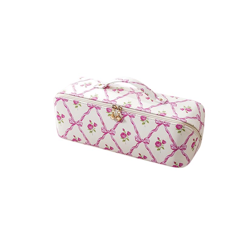 Women’s PU Floral Hair Tools Travel Bag, Wide Opening Airwrap Organizer Travel Case Compatible for Dyson Shark Flex Style & All Curler Styler Airstraighter Models Pink Bow