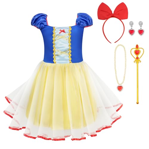 BSBUY Weißer Schnee Prinzessin Kostüm Kinder 5-teiliges Set Mädchen Kleid mit Halskette Ohrringe Krone und Zauberstab, Cosplay Lang Kleidung für...