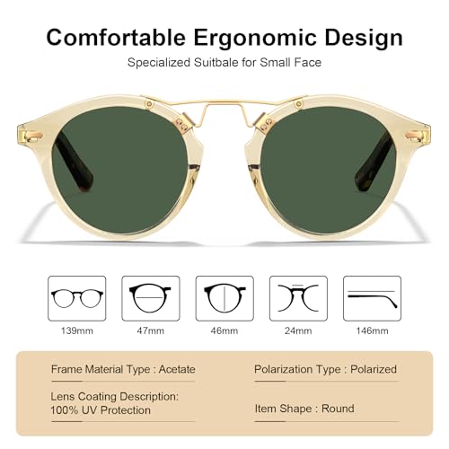 Image of CARFIA Double Bridge Small Acetate Sunglasses for Women Polarized, Retro Metal Brow Ladies Sunnies Fashion Round Eyewears