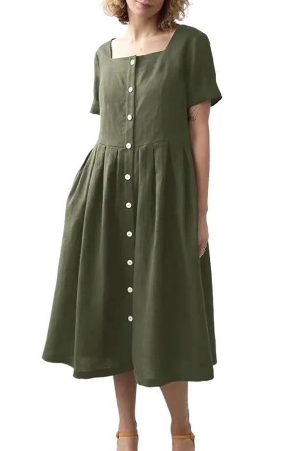 Women Dress Square Neck Single Breasted Pleated A Line Skirt Office Lady Style