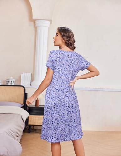 Image of Ekouaer Nightgowns for Women with Pockets Button Front Short Sleeve House Dresses Floral Print Mumu Dress