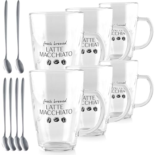 Juego de Vasos Latte Macchiato - 6 Vasos y 6 Cucharas - Vidrio Durable - Apta para microondas - Tazas de café para bebidas frías y calientes - 300 ml - Apto para Uso Diario
