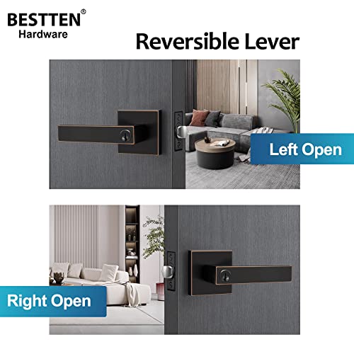 Bestten Oil Rubbed Bronze Square Keyed Entry Door Lever With Removable Latch Plate, All Metal Monaco Series Heavy Duty Entrance Door Handle Lock Set, For Commercial And Residential Use #TOP7