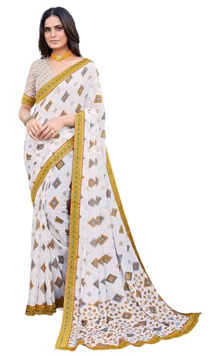 Sari indien en georgette pour femme haut de gamme avec dentelle imprimée élégante