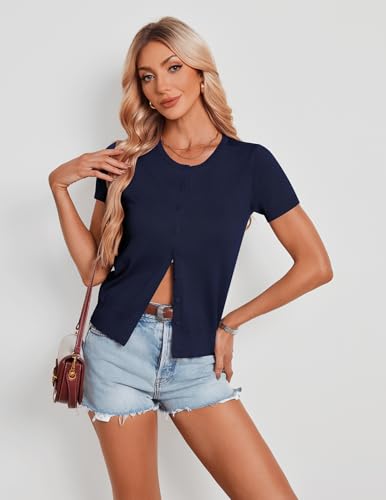 Image of GRACE KARIN Women Short Sleeve Cardigan, 2026 Summer Knitted Sweater Tops, Basic Crew Neck Crop Outfits