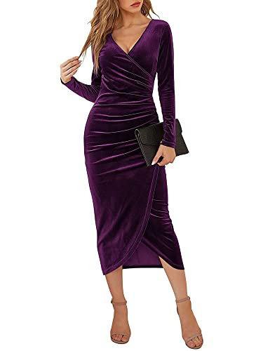 Vestido Formal de Terciopelo Elegante para Mujer, Cuello en V, Manga Larga, Ajustado, Vestido de Invitados de Boda (Purple, Large)