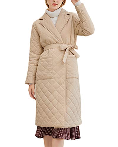 Minetom Damen Wintermantel Jacke Vintage Mantel Revers Winterjacke Mit Gürtel Steppmantel Outwear Trenchcoat Mit Taschen Cardigan B Beige L