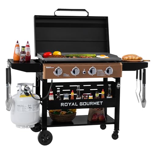 Image of Grills House GB4000PY 4-Burner Gas Griddle with Hood, Collapsible Side Shelves, 52,000 BTU, 582 Sq., Electronic Ignition, Swivel Wheels with Brakes, Stylish Antique Bronze Control Panel