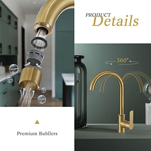 Gold Kitchen Taps Single Lever High Arc 360 Swivel Spout Brushed Gold Kitchen Mixer Tap Gooseneck Monobloc Gold Mixer Tap for Kitchen Sink 1 Hole Kitchen Tap in Gold Mighbow