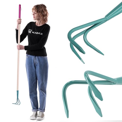KADAX Grubber, Kultivator für Damen, Gartenzubehör aus Stahl, Gartenhacke mit langem Stiel, Handgrubber, ergonomische Blumenkralle zum Lockern des Bodens, Blumenharke (3 Zinken, mit Holzstiel)