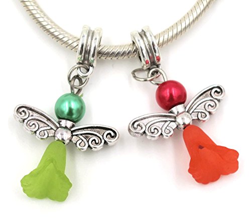 Best Wing Jewelry Christmas Set of Two (2)"Angel/w Green & Red Faux-Pearl Dangle Charm Bead (2pcs)